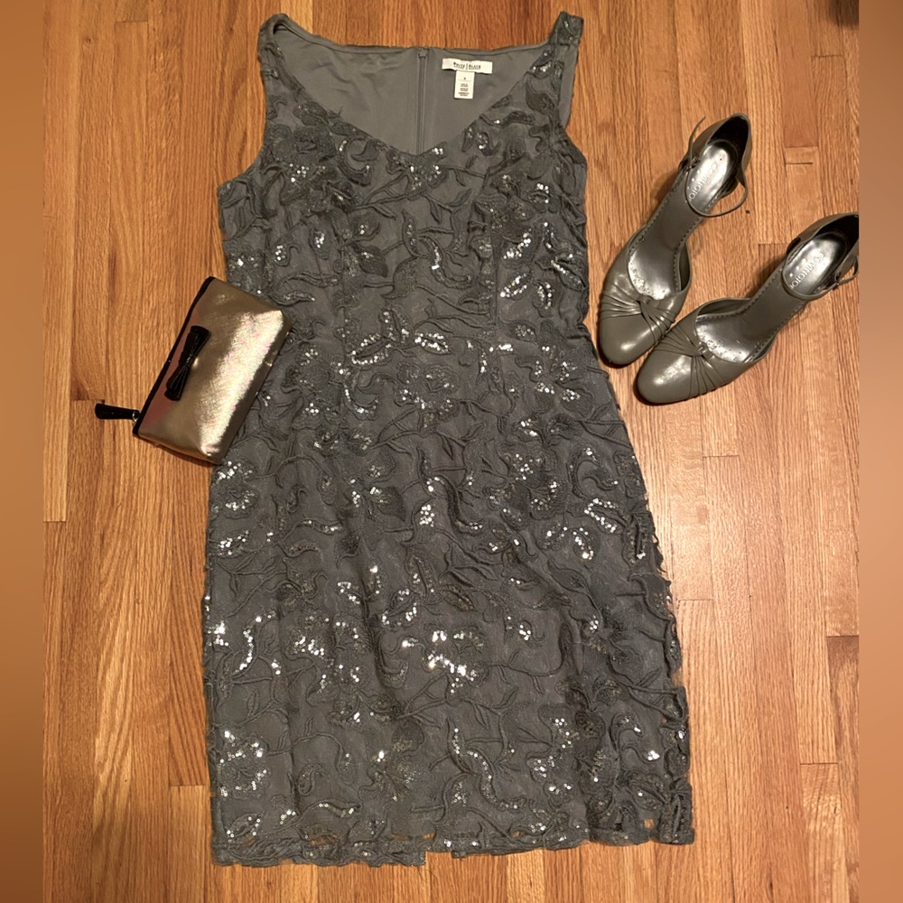 Gray and silver beaded cocktail dress